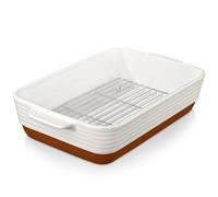 MALACASA Ceramic Casserole Dishes with Roasting Racks, 4.5L Deep Baking Dishes for Oven, 9 x 13 Inches Lasagne Dish with Handles, Rectangular Bakeware, Khaki White, Series Tara