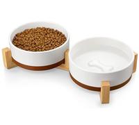 MALACASA Ceramic Dog Bowls Set with Wood Stand, 3.5 Cups Pet Bowls for Medium Dogs with Non-Slip Base, Large Puppies, Cats, Retrievers, ect.Pet Food & Water Basic Bowls Set, Weighted Glaze Matte.34 OZ