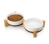 MALACASA Ceramic Dog Bowls Small Size Dog with Wood Stand, 1.5-Cup Ceramic Puppy Bowls for Cats & Small Dogs, Dual Food and Water Bowls with Weighted Non-Slip Base, Glaze Matte,14 Oz
