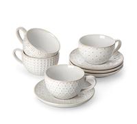 MALACASA Cups with Saucers Set, 8OZ/240ML, Stackable Espresso and Tea Cups Set for 4, Porcelain Small Espresso Coffee Cup Set, White Ceramic Mugs for Latte, Cappuccino and Americano, Serie Lydia