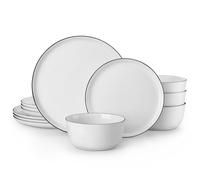 MALACASA Dinner Set, 12 Pieces Ceramic Dinnerware Service for 4, White and Black Rim Porcelain Crockery Set, Include Plates and Bowls, Premium Ceramic Dinnerware Sets, Lexi Series