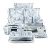 MALACASA Dinner Set,30-Piece Porcelain Square Plates and Bowls Set with 6-Piece Cups/Saucers/Dessert Plates/Soup Plates/Dinner Plates,Service for 6,Marble Blue,Series Flora
