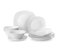 MALACASA Dinner Set for 4, 12 Pieces Porcelain Plates and Bowls Set, Gray White Ceramics Dinnerware Sets, Chip and Scratch Resistant Dishes Set Square Crockey Sets, Series Elisa