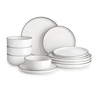 MALACASA Dinner Set for 4, 12 Pieces Porcelain Plates and Bowls Sets with Black Rim, Ceramic Ivory White Dinnerware Sets Dish Set Dining Dinner Ware Set, Series Luna