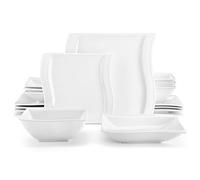 MALACASA Dinner Set for 4, 16 Piece Square Plates and Bowls Set, Porcelain Tableware Dinnerware Sets with 4 Piece Dinner Plates, Dessert Plates, Soup Plates and Bowls, Series Flora, Ivory White