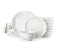 MALACASA Dinner Sets, 18 Pieces Porcelain Plates and Bowls Set with 6 Pieces Dinner Plates/Side Plates/Cereal Bowls, Embossed Dinnerware Set Service for 6, Elegant White, Series Leila