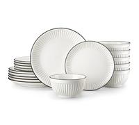 MALACASA Dinner Sets, 18 Pieces Porcelain Plates and Bowls Set with 6 Pieces Dinner Plates/Side Plates/Cereal Bowls, Embossed Dinnerware Set Service for 6, White and Black Rim, Series Leila