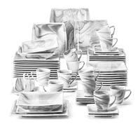 MALACASA Dinner Sets,60-Piece Square Plates and Bowls Set with 12 Piece Porcelain Dinner Plates/Dessert Plates/Soup Plates/Cup and Saucers,Service for 12,Marble Grey,Series Blance