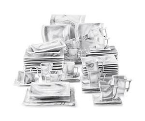 MALACASA Dinner Sets,60-Piece Square Plates Set with 12-Piece Dinner Plates/Soup Plates/Dessert Plates/Cups and Saucers,Plates and Bowls Set,Plates Set for 6,Marble Grey,Series Flora