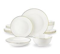 MALACASA Dinner Sets for 4, 16 Piece Fine Bone China Plates and Bowls Sets Round White and Gold Rim Dinnerware Sets with Dinner Plates/Bowls/Dessert Plate/Soup Plate, Series NORI