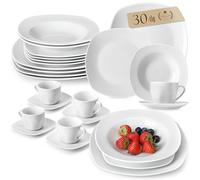 MALACASA Dinner Sets for 6 People, 30-Piece Porcelain Plates and Bowls Set Ivory White Tableware with 6-Piece Dinner Plate/Soup Plate/Dessert Plate/Cup/Saucer, Series Elisa