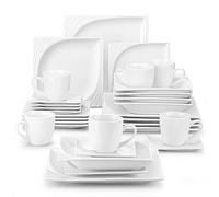 MALACASA Dinner Sets for 6 People, 30-Piece Square Dinnerware Set in Porcelain White with 6-Piece Plates, Bowls, Cups and Saucers, Series Monica