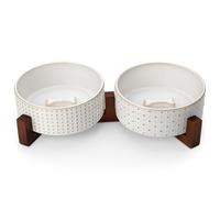 MALACASA Dog Bowl Set with Walnut Wood Stand, 3.5 Cups Ceramic Pet Bowls for Puppy Dogs, Dual Food and Water Bowls with Weighted Non-Slip Base, Basic Bowls for Your Dog or Cat, Rhombic & Polka Dots