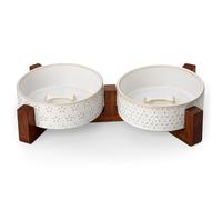 MALACASA Dog Bowl Set with Walnut Wood Stand, 1.5 Cups Ceramic Pet Bowls for Puppy Dogs, Dual Food and Water Bowls with Non-Slip Base, Basic Bowls for Your Dog or Cat, Five-Leaf Grass & Honeycomb