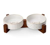 MALACASA Dog Bowl Set with Walnut Wood Stand, 1.5 Cups Ceramic Pet Bowls for Puppy Dogs, Dual Food and Water Bowls with Weighted Non-Slip Base, Basic Bowls for Your Dog or Cat, Rhombic & Polka Dots