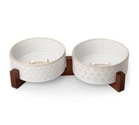 MALACASA Dog Bowl Set with Walnut Wood Stand, 3.5 Cups Ceramic Pet Bowls for Puppy Dogs, Dual Food and Water Bowls with Non-Slip Base, Basic Bowls for Your Dog or Cat, Five-Leaf Grass & Honeycomb