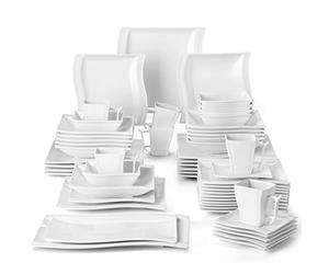 Malacasa, Flora Series, 56 Piece Cream White Porcelain Dinner Service in Classic Design with 6 Cups, 6 Teacups, 6 Saucers, 12 Dessert Plates, 12 Soup Plates, 12 Dinner Plates and 2 rectangular plates
