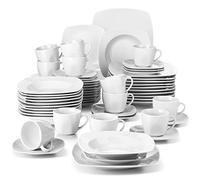 MALACASA Julia 60-Piece Dinnerware Set for 12, Ivory White Porcelain Dishes with 12 Dinner Plates, Soup Plates, Dessert Plates, Cups & Saucers, Microwave Safe Crockery Set