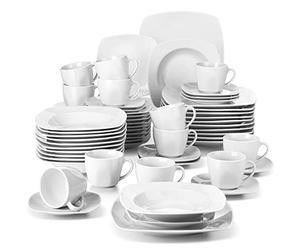 MALACASA Julia 60-Piece Dinnerware Set for 12, Ivory White Porcelain Dishes with 12 Dinner Plates, Soup Plates, Dessert Plates, Cups & Saucers, Microwave Safe Crockery Set