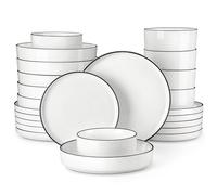 MALACASA Leah Dinner Sets for 6 People, 24 Pieces, White with Black Rim | Includes 6 each: dinner plate, dessert plate, pasta & cereal bowl, Modern, durable, scratch-free, Dishwasher & Microwave Safe
