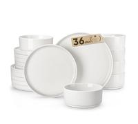 MALACASA Leah Modern Crockery Set for 12 People, 36-Piece Dinner Service with Standing Rim Made of Porcelain Including 12x Dinner Plates, Dessert Plates, Soup Bowls, Modern White Bowl and Plate Set