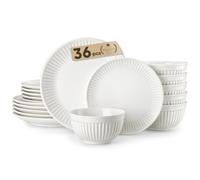 MALACASA Leila Series Tableware Set for 12 People, 36-Piece Porcelain Dinner Service, Ribbed Textured Crockery Set, Scandinavian Bowl and Plate Set, White,