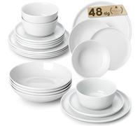 MALACASA LEXI Series 48 White Porcelain Dinner Sets for 12 People Including 12 Flat Plates, 12 Dessert Plates, 12 Cereal Bowls and 12 Soup Plates