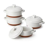 MALACASA Mini Cocotte Set - 12 OZ Small Casserole Dishes for Oven, Ramekins with Lids and Handles, Ceramic Mini Dutch Oven Set of 4, Microwave & Dishwasher Safe, Khaki White, Series TARA