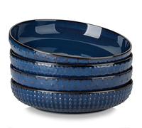 MALACASA Pasta Bowls 48 Oz, 9.5 Inch Modern Relief Design Large Salad Bowls, Ceramic Serving Bowls, Wide and Shallow Plates Pasta Plates, Microwave & Dishwasher Safe, Set of 4, Blue, Series Lydia