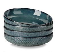 MALACASA Pasta Bowls 48 Oz, 9.5 Inch Modern Relief Design Large Salad Bowls, Ceramic Serving Bowls, Wide and Shallow Plates Pasta Plates, Microwave & Dishwasher Safe, Set of 4, Green, Series Lydia