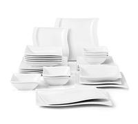 MALACASA Plates and Bowls Set, 26-Piece Dinner Sets with 6-Piece Dinner Plate/Soup Plate/Dessert Plate/Bowl and 2 Serving Platters, Ivory White Porcelain Dinnerware Set Service for 6, Series Flora