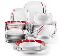 MALACASA, Series Felisa, 48-Piece Red Stripes Ivory White Porcelain Dinner Set with 12-Piece Cereal Bowl 12-Piece Dessert Plates 12-Piece Soup Plates and 12-Piece Dinner Plates Service for 12
