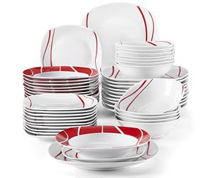 MALACASA, Series Felisa, 48-Piece Red Stripes Ivory White Porcelain Dinner Set with 12-Piece Cereal Bowl 12-Piece Dessert Plates 12-Piece Soup Plates and 12-Piece Dinner Plates Service for 12