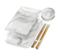 MALACASA, Series Regular, Marble Grey Porcelain 6 Pieces Sushi Serving Set with 2 Rectangular Plates, 2 Round Dip Dishes and 2 Pairs of Chopsticks, Suitable for Sushi