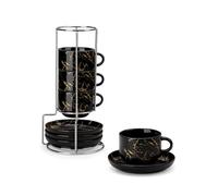 MALACASA 2.5 OZ Porcelain Espresso Cups with Saucers and Metal Stand Set of 4, Stackable Cappuccino Cups, Marble Black Expresso Shots Cup Set for Coffee Drinks, Latte, Tea