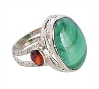 Malachite & Garnet Ring - 925 Sterling Silver Marquise Cabochon Pink Stones 20x14mm & 6x4mm, Bezel Set Boho Cocktail Ring for Women 65 (20.7)
