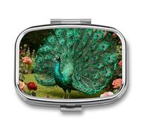 Malachite Peacock Pill Box Travel Pill Organizer 2-Compartment with Mirror Design Portable Square Medicine Case for Vitamins, Jewelry & Essentials Durable Pocket Pillcase for Purse, Camping