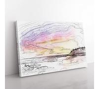 Malaga Coastline At Sunset Sketch Modern Art Canvas Wall Art Print Ready to Hang, Framed Picture for Living Room Bedroom Home Office Décor, 76x50 cm (30x20 Inch)