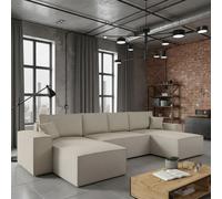 Malaga U Mdf Upholstered Living Room Corner Sofa Bed With Storage Free Standing Backrest 370X181X94Cm Beige