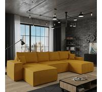 Malaga U Mdf Upholstered Living Room Corner Sofa Bed With Storage Free Standing Backrest 370X181X94Cm Mustard Corduroy