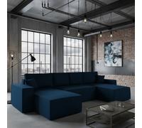 Malaga U Mdf Upholstered Living Room Corner Sofa Bed With Storage Free Standing Backrest 370X181X94Cm Blue