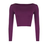 Malaika New Girl Women Ladies Plain Full Long Sleeve Round Scoop Neck Slim Fit Skinny Short Mini Crop Top Shirt Size S/M M/L 8 10 12 14 Purple
