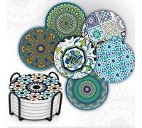 MALANGI Drink Coasters Set of 6 - Ceramic Turkish Coasters - Absorbent Giftable Coaster - Non-Scratch Top & Non-Slip Cork Base (Style 8 with stand)