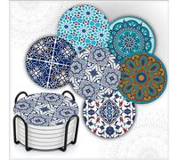 MALANGI Drink Coasters Set of 6 - Ceramic Turkish Coasters - Absorbent Giftable Coaster - Non-Scratch Top & Non-Slip Cork Base (Style 3 With Stand)