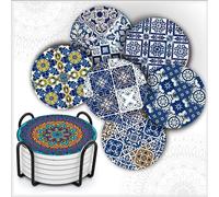 MALANGI Drink Coasters Set of 6 - Ceramic Turkish Coasters - Absorbent Giftable Coaster - Non-Scratch Top & Non-Slip Cork Base (Style 1 with stand)