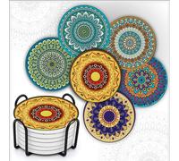 MALANGI Drink Coasters Set of 6 - Ceramic Turkish Coasters - Absorbent Giftable Coaster - Non-Scratch Top & Non-Slip Cork Base (Style 4 With Stand)