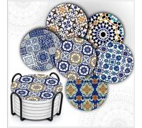 MALANGI Drink Coasters Set of 6 - Ceramic Turkish Coasters - Absorbent Giftable Coaster - Non-Scratch Top & Non-Slip Cork Base (Style 2 With Stand)