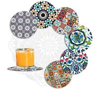 MALANGI Drink Coasters Set of 6 - Ceramic Turkish Coasters - Absorbent Giftable Coaster - Non-Scratch Top & Non-Slip Cork Base (Style 7 Without Stand)