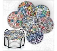 MALANGI Drink Coasters Set of 6 - Ceramic Turkish Coasters - Absorbent Giftable Coaster - Non-Scratch Top & Non-Slip Cork Base (Style 6 with stand)