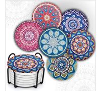 MALANGI Drink Coasters Set of 6 With Stand - Ceramic Turkish Coasters - Absorbent Giftable Coaster - Non-Scratch Top & Non-Slip Cork Base (Style 12 with Stand)